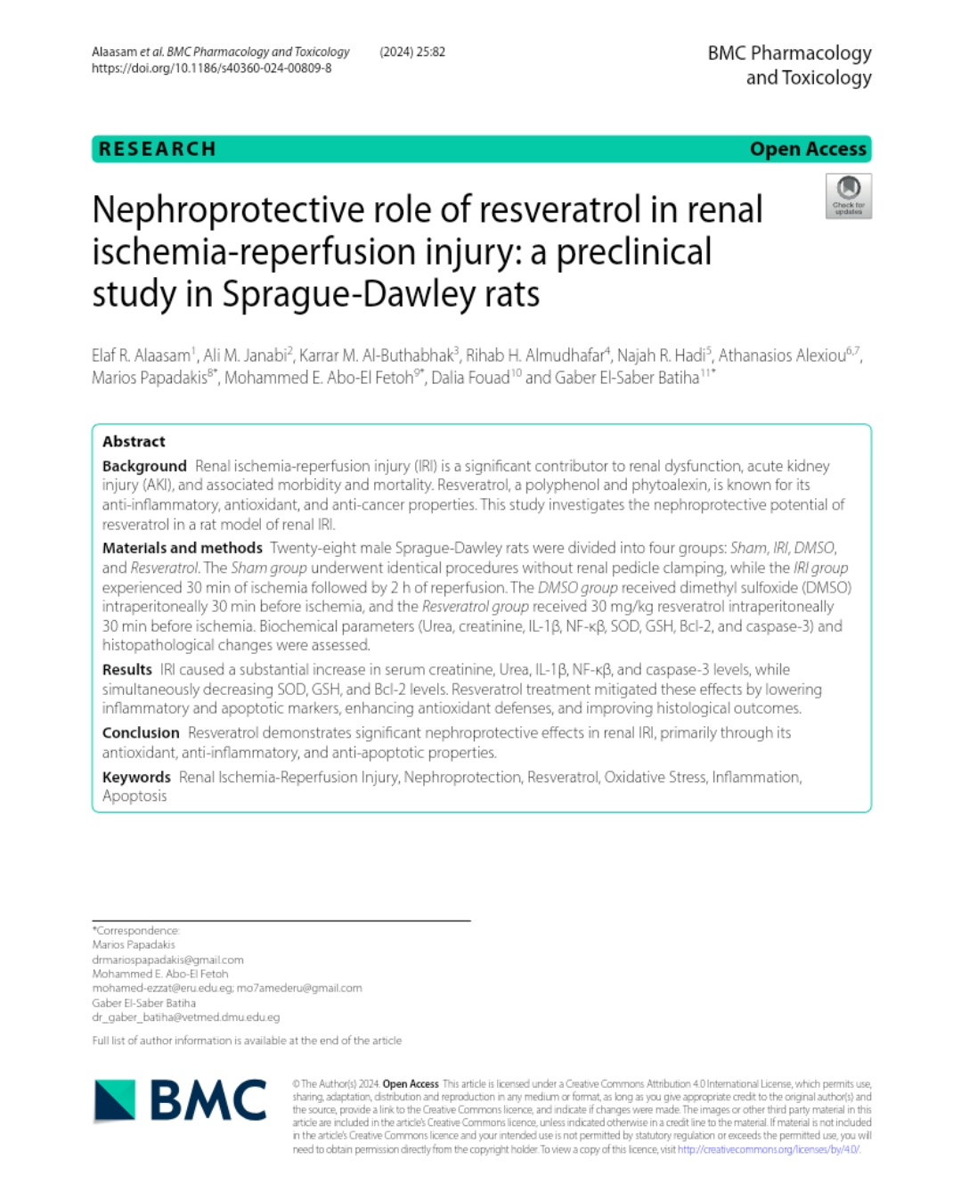 Nephroprotective role of resveratrol in renal ischemia-reperfusion injury: a preclinical study in Sprague-Dawley rats