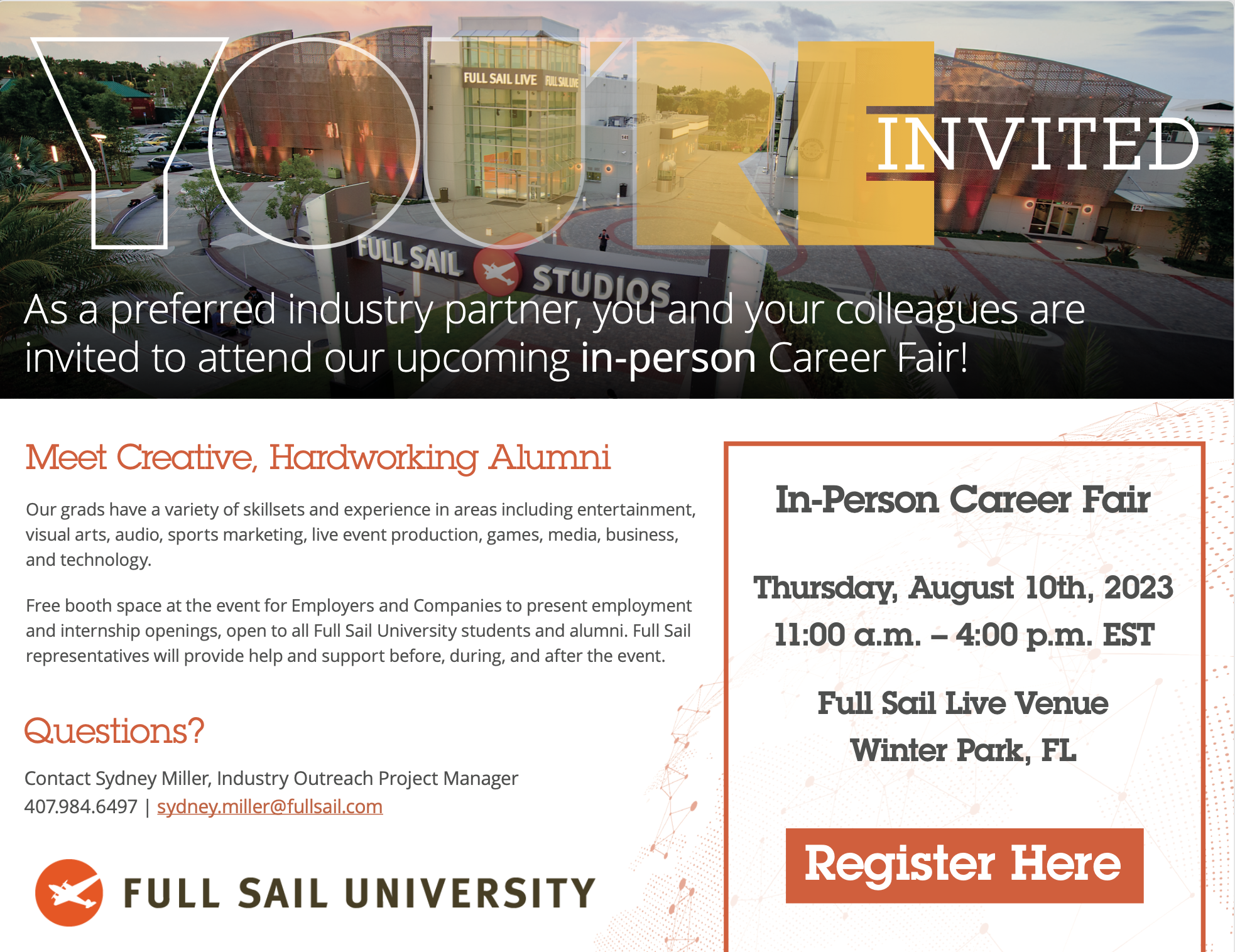 Upcoming Full Sail University Virtual & On Campus Hiring Events