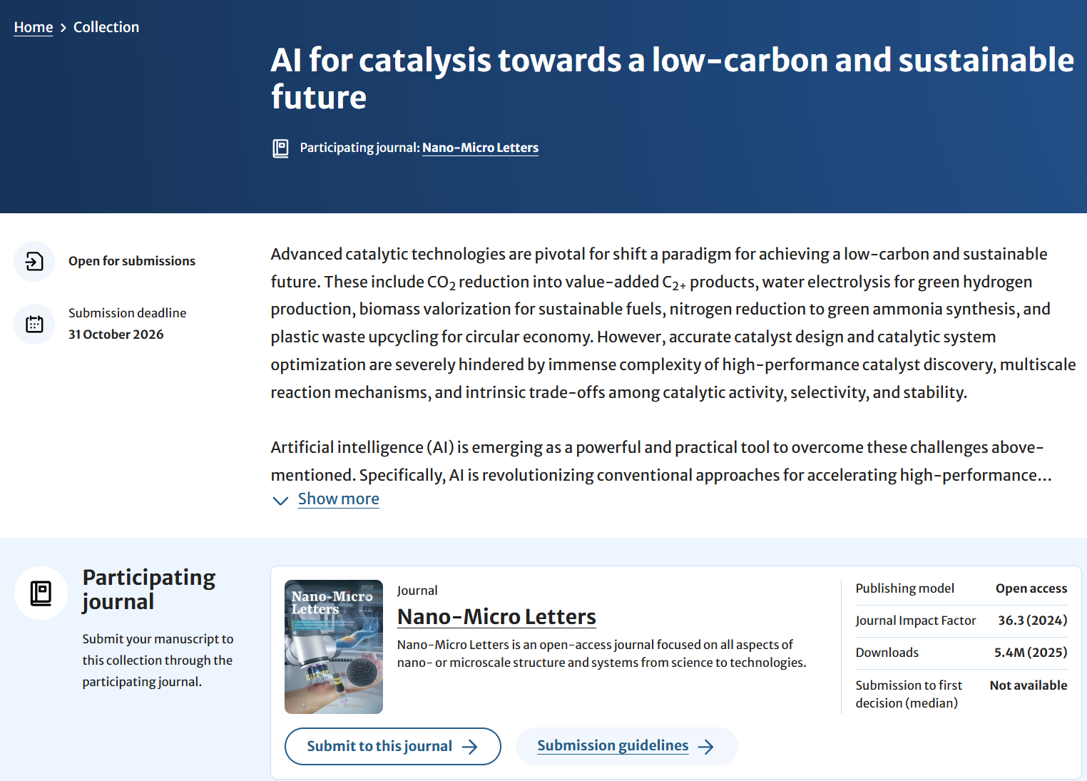 Call for Papers for New Special Issue on "Al for catalysis towardsa low-carbon and sustainable future" 