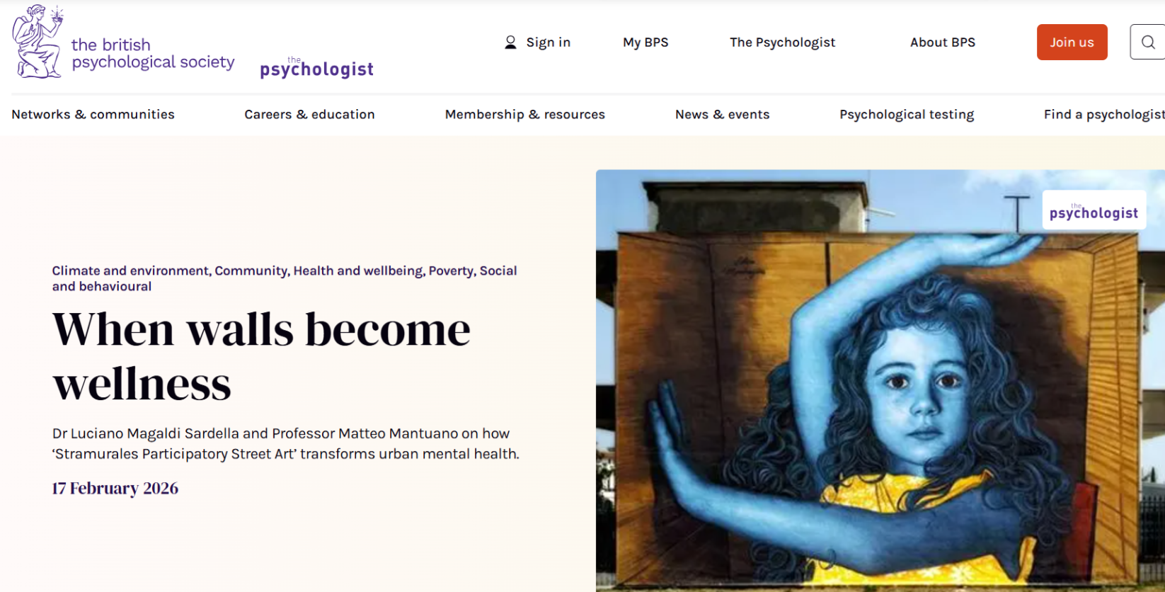 THE PSYCHOLOGIST - THE BRITISH PSYCHOLOGICAL SOCIETY - (STRAMURALES) WHEN WALLS BECOME WELLNESS