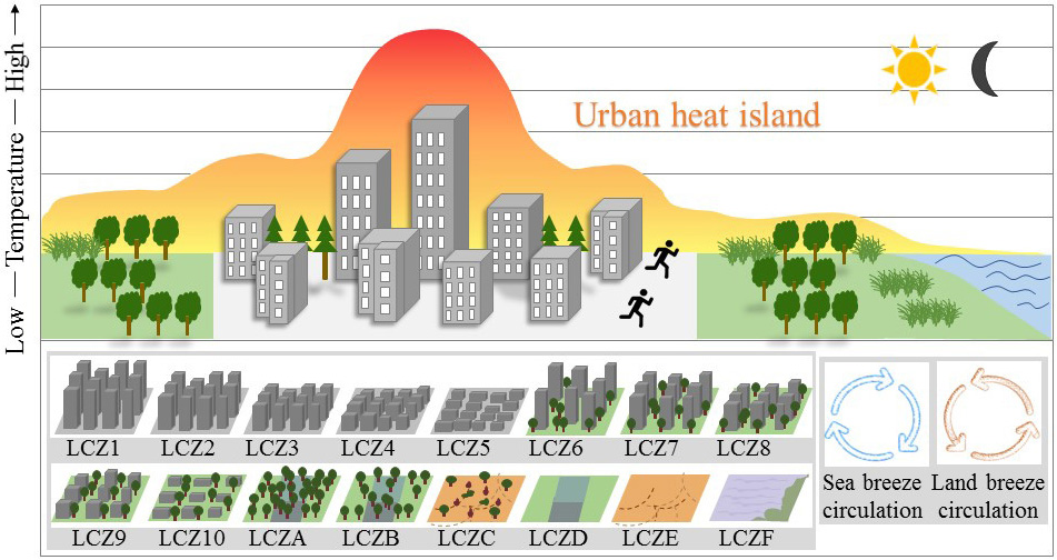 Contributions of sea–land breeze and local climate zones to daytime and nighttime heat island intensity