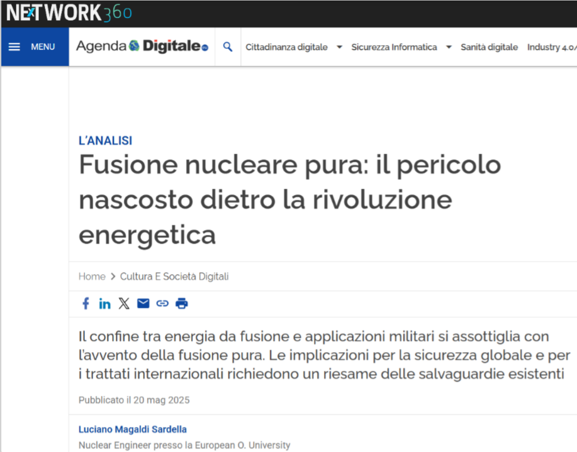 AGENDA DIGITALE (NETWORK 360) - FUSIONE NUCLEARE PURA: IL PERICOLO NASCOSTO DIETRO LA RIVOLUZIONE ENERGETICA