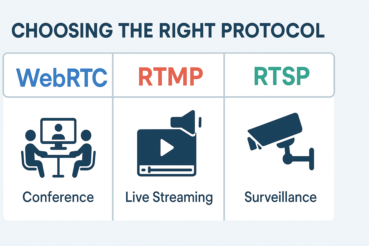 "Streaming Protocols in AV Systems: RTMP, WebRTC, and RTSP Compared"  "Understanding RTMP, WebRTC, and RTSP: Protocols for Real-Time Media Transmission"  "Choosing the Right Protocol: RTMP vs WebRTC vs RTSP for Live Streaming and Surveillance"  "Media Streaming Protocols Explained: Architecture, Workflows, and Best Use Cases"  "Low-Latency Media Delivery: A Protocol-Level Comparison for AV Integrators"