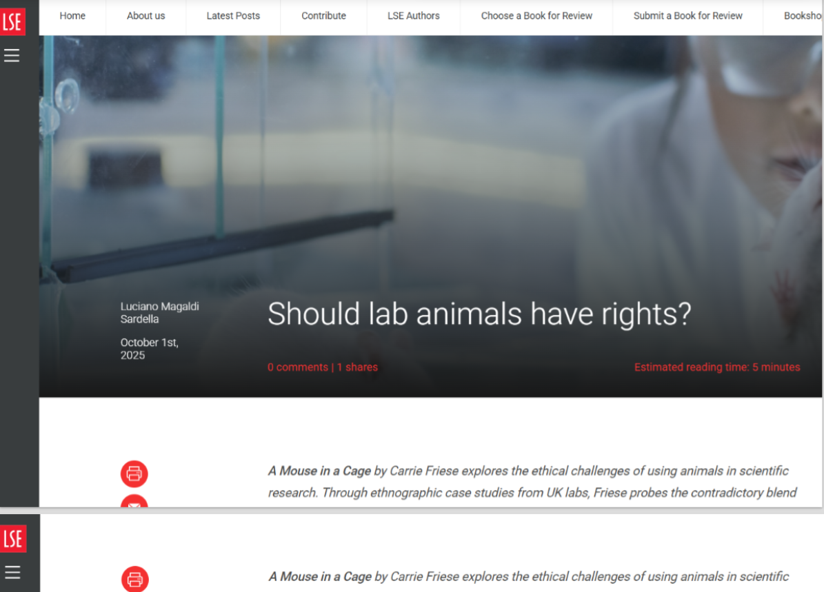 THE LONDON SCHOOL OF ECONOMICS AND POLITICAL SCIENCE (LSE) REVIEW OF BOOKS - SHOULD LAB ANIMALS HAVE RIGHTS ?