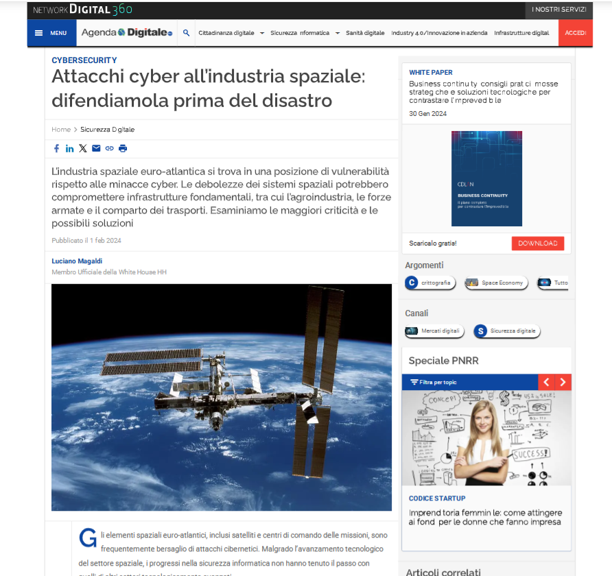 AGENDA DIGITALE (NETWORK 360) - ATTACCHI CYBER ALL'INDUSTRIA SPAZIALE: DIFENDIAMOLA PRIMA DEL DISASTRO