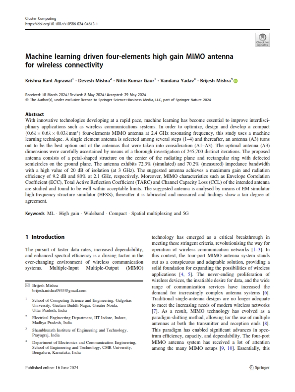 Machine learning driven four-elements high gain MIMO antenna for wireless connectivity
